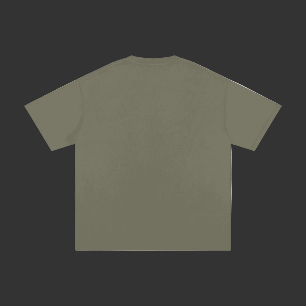 A short-sleeve crewneck t-shirt in a muted olive green color, shown from the back against a plain gray background