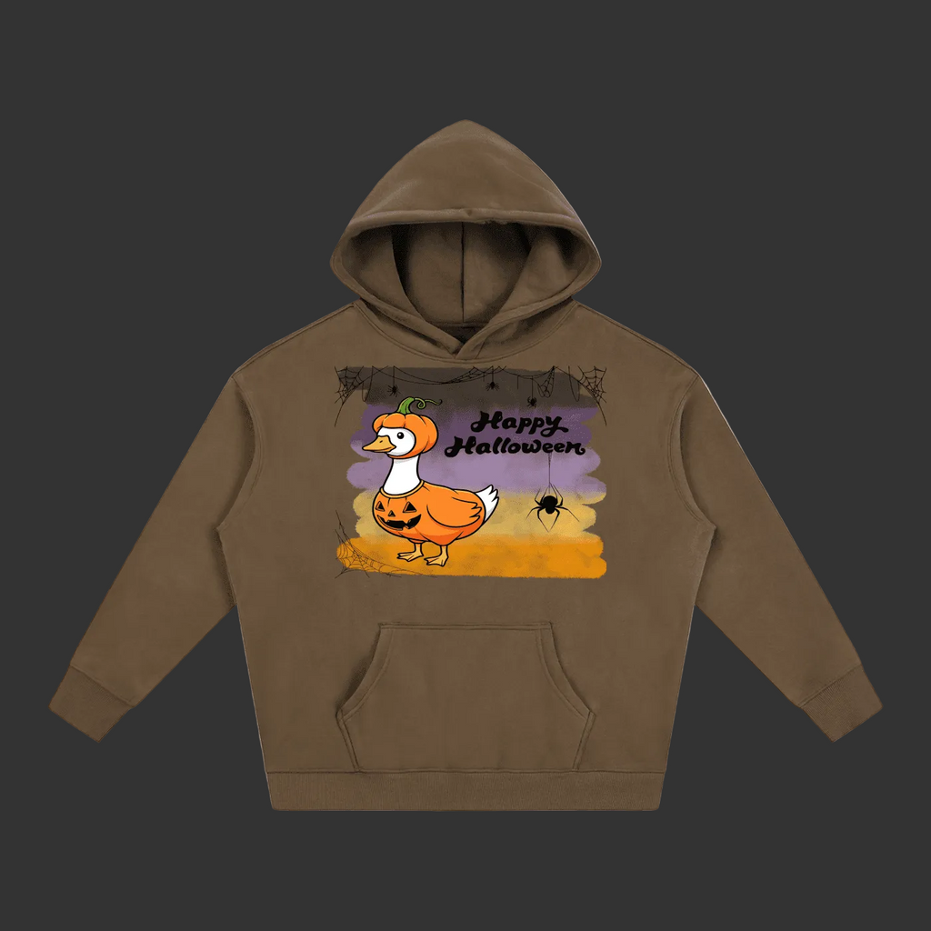 A brown pullover hoodie with a front kangaroo pocket and a graphic print on the chest featuring a cartoon duck in a pumpkin costume, a spider, and the text 'Happy Halloween' on a purple and orange background.