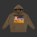 A brown pullover hoodie with a front kangaroo pocket and a graphic print on the chest featuring a cartoon duck in a pumpkin costume, a spider, and the text 'Happy Halloween' on a purple and orange background.