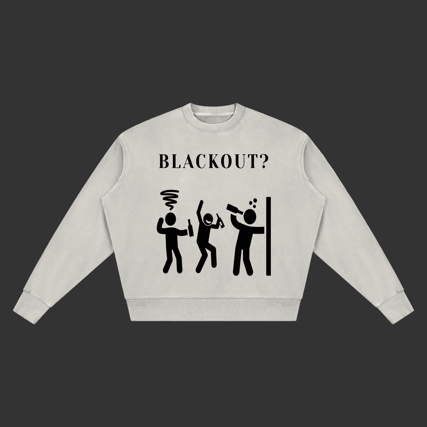 A light gray crewneck sweatshirt featuring a black graphic print on the front with the text 'BLACKOUT?' above three stick figures in various states of blackout or power outage, displayed on a clean gray background.