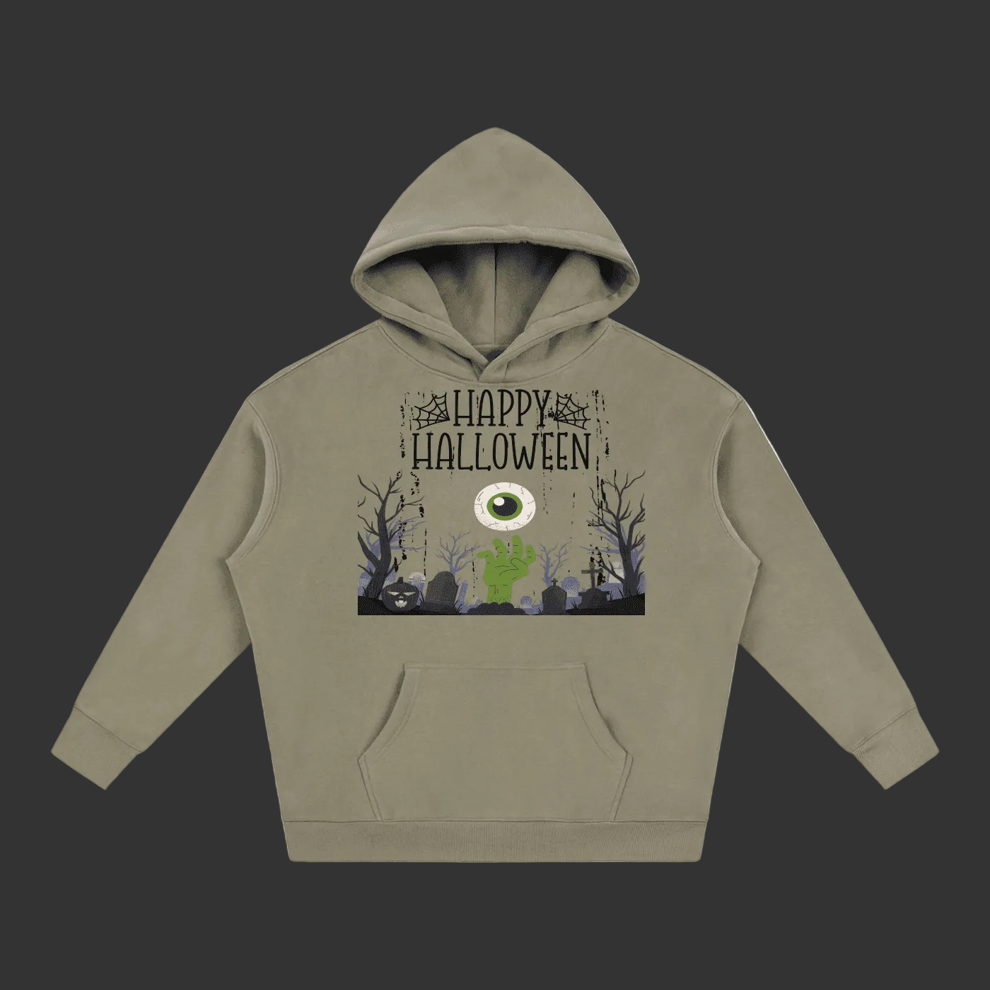 An olive green pullover hoodie with a 'Happy Halloween' graphic on the chest, featuring a spooky haunted house, bare trees, a green zombie hand, and a large eye, shown against a plain white background.