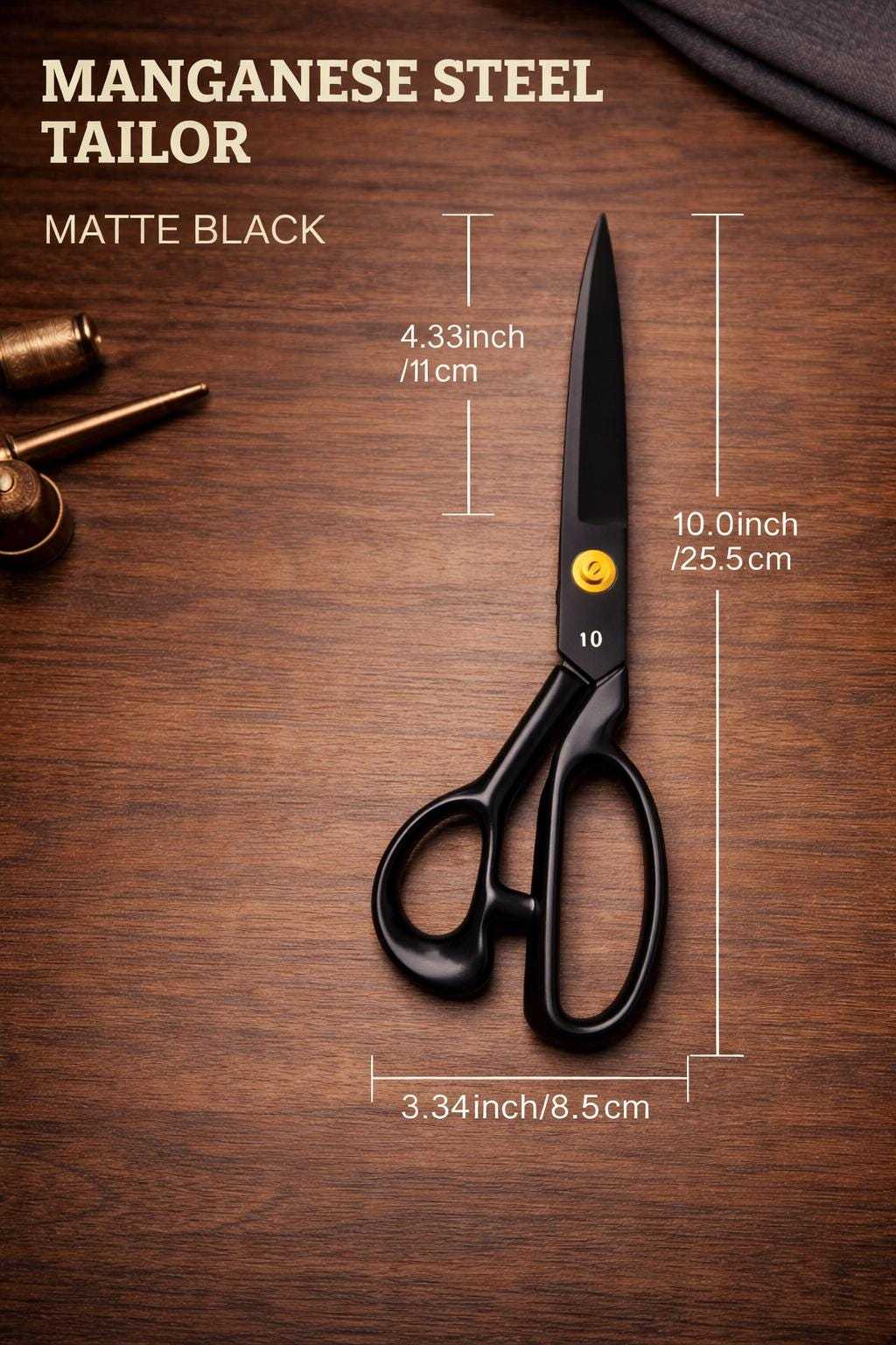 Heavy-duty manganese steel tailoring scissors with dimensions shown for sewing, fabric cutting, and craft work