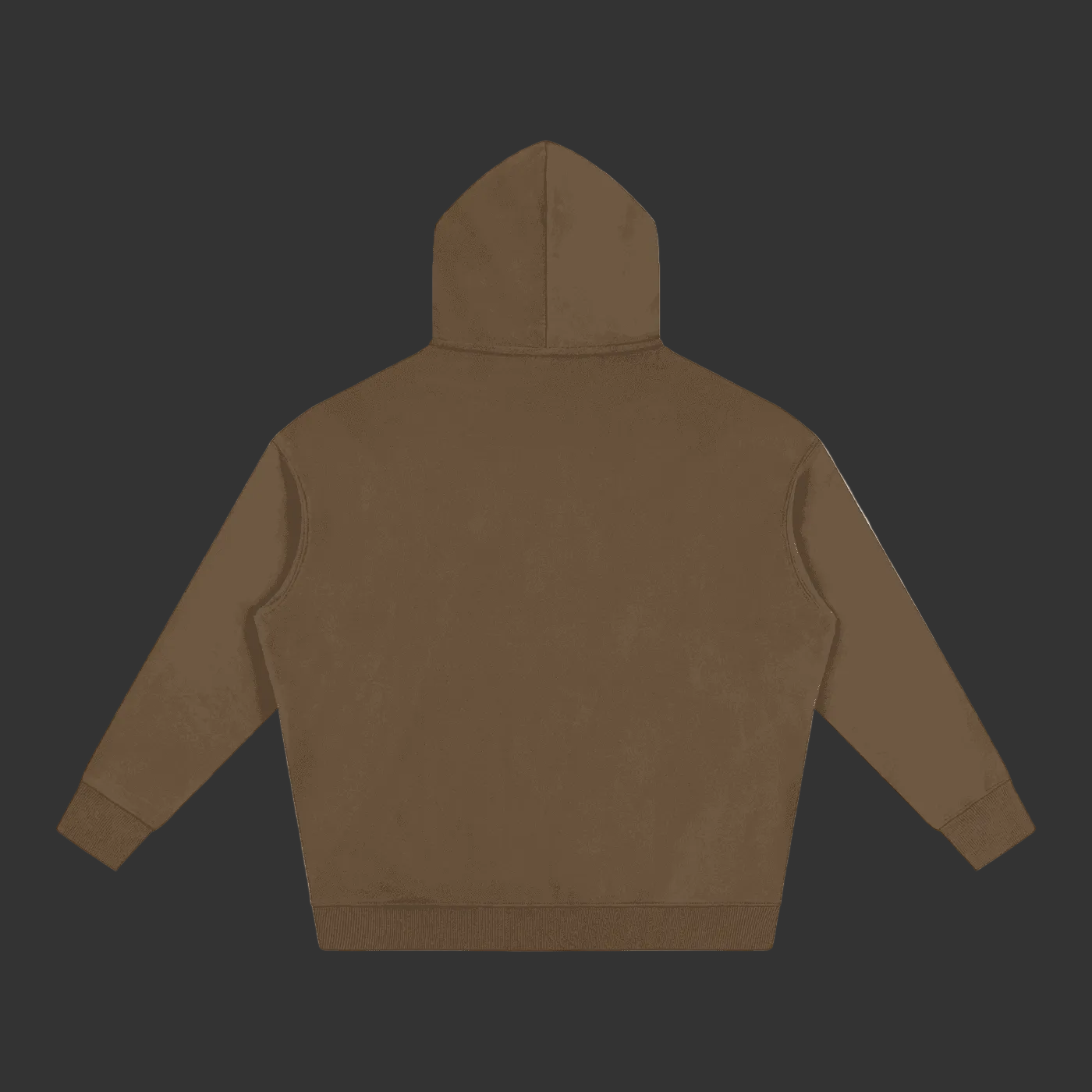 A plain brown hooded sweatshirt shown from the back, laid flat against a solid gray background.