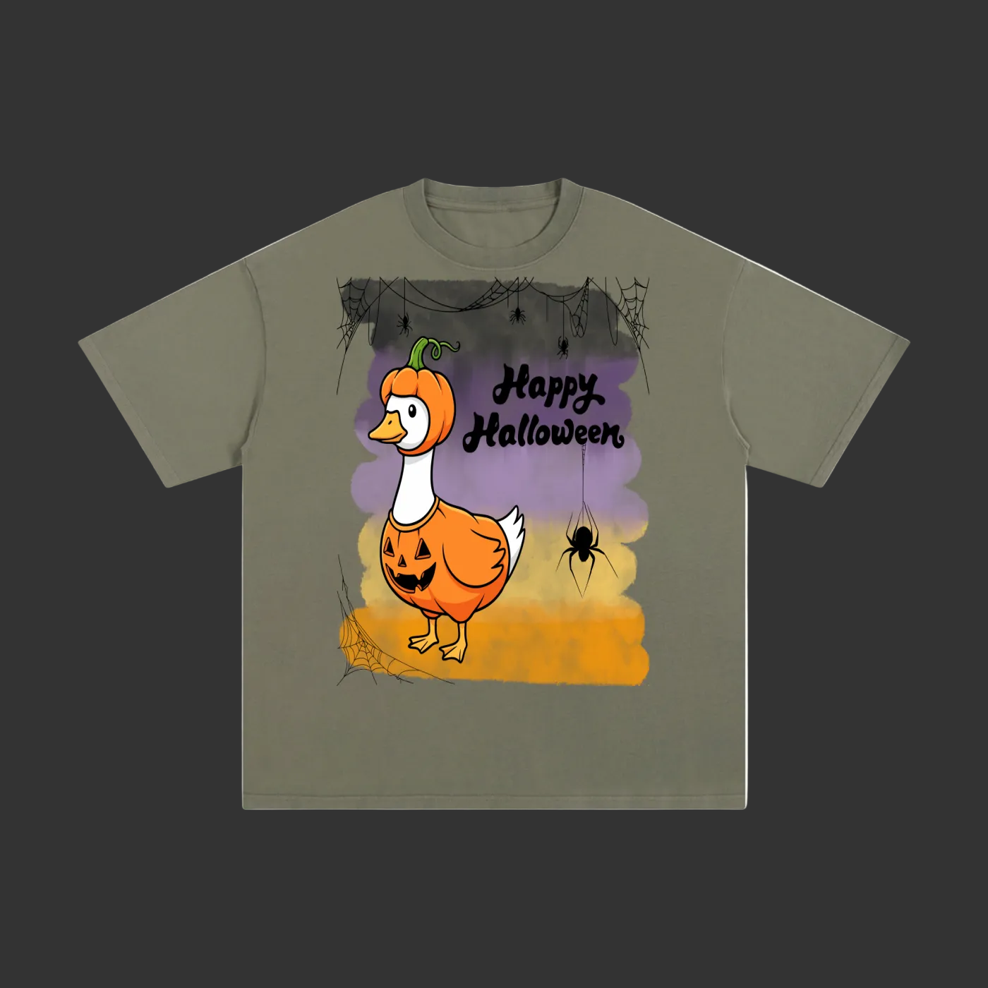 An olive green short-sleeve t-shirt with a 'Happy Halloween' graphic featuring a cartoon duck dressed as a pumpkin, set against a plain gray background.