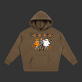 A brown pullover hoodie with a Halloween graphic on the chest, featuring the word 'HALLOWEEN' above three cartoon characters dressed as a pumpkin, a skeleton, and a ghost, shown on a plain gray background.
