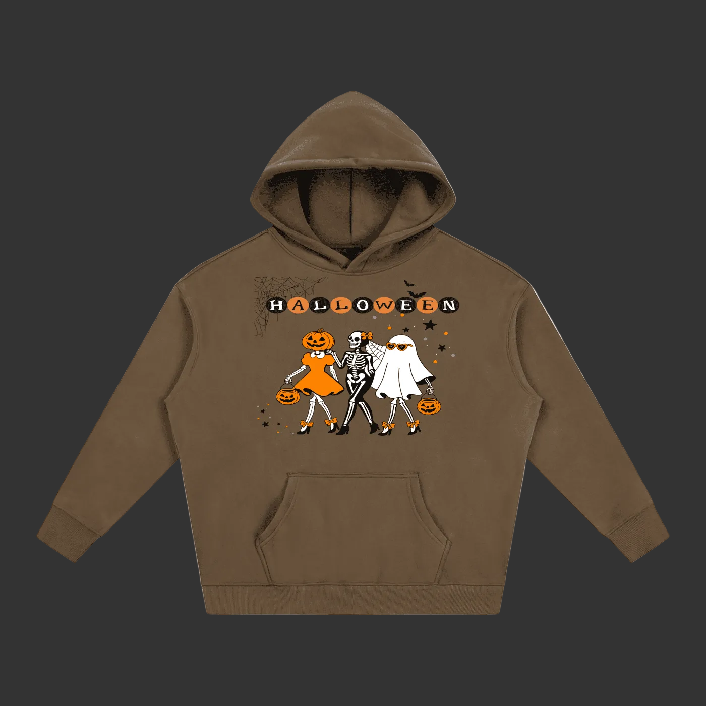 A brown pullover hoodie with a Halloween graphic on the chest, featuring the word 'HALLOWEEN' above three cartoon characters dressed as a pumpkin, a skeleton, and a ghost, shown on a plain gray background.