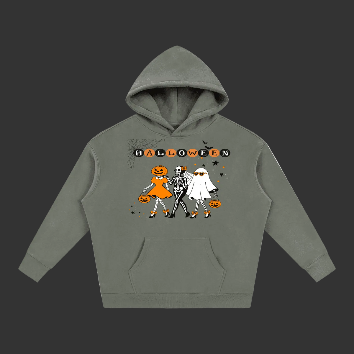 A  sage gray pullover hoodie featuring a Halloween graphic on the chest with the word 'HALLOWEEN' and cartoon characters in orange, white, and black.