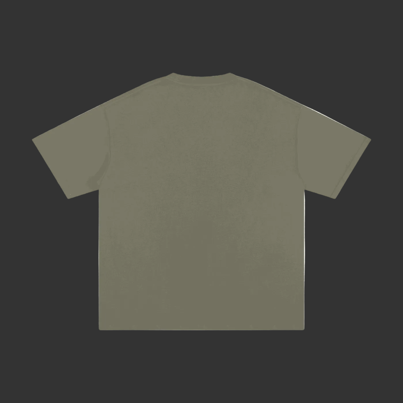 A short-sleeve crewneck t-shirt in a muted olive green color, shown from the back against a plain grey background