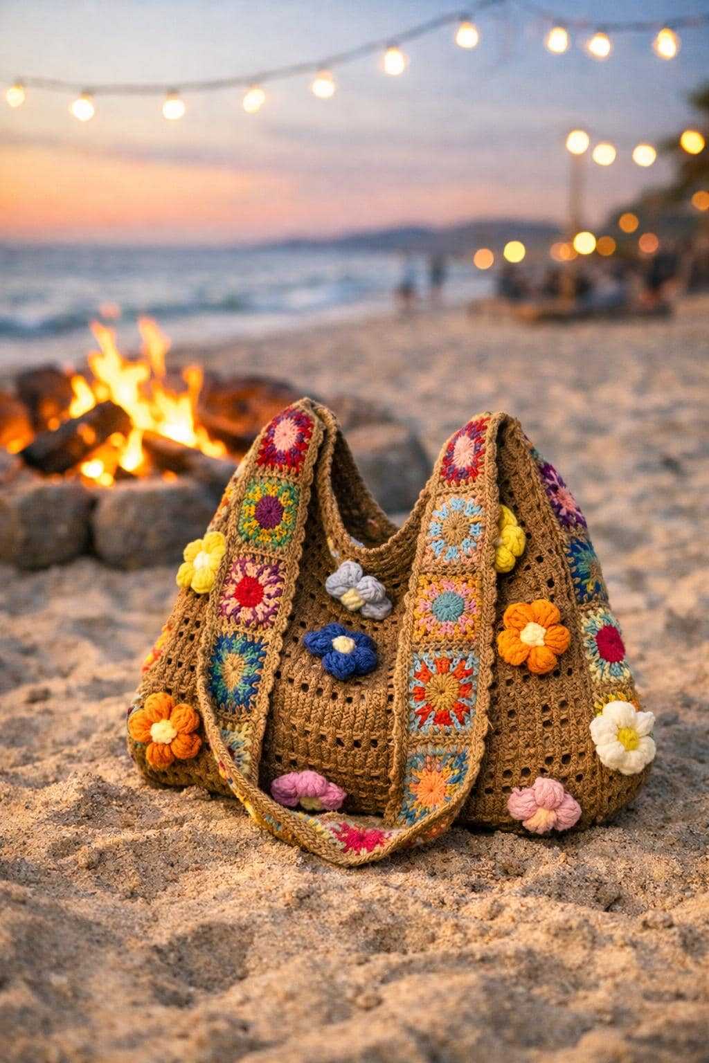 Charming boho crochet tote bag with colorful floral granny square design displayed on a sandy beach at sunset