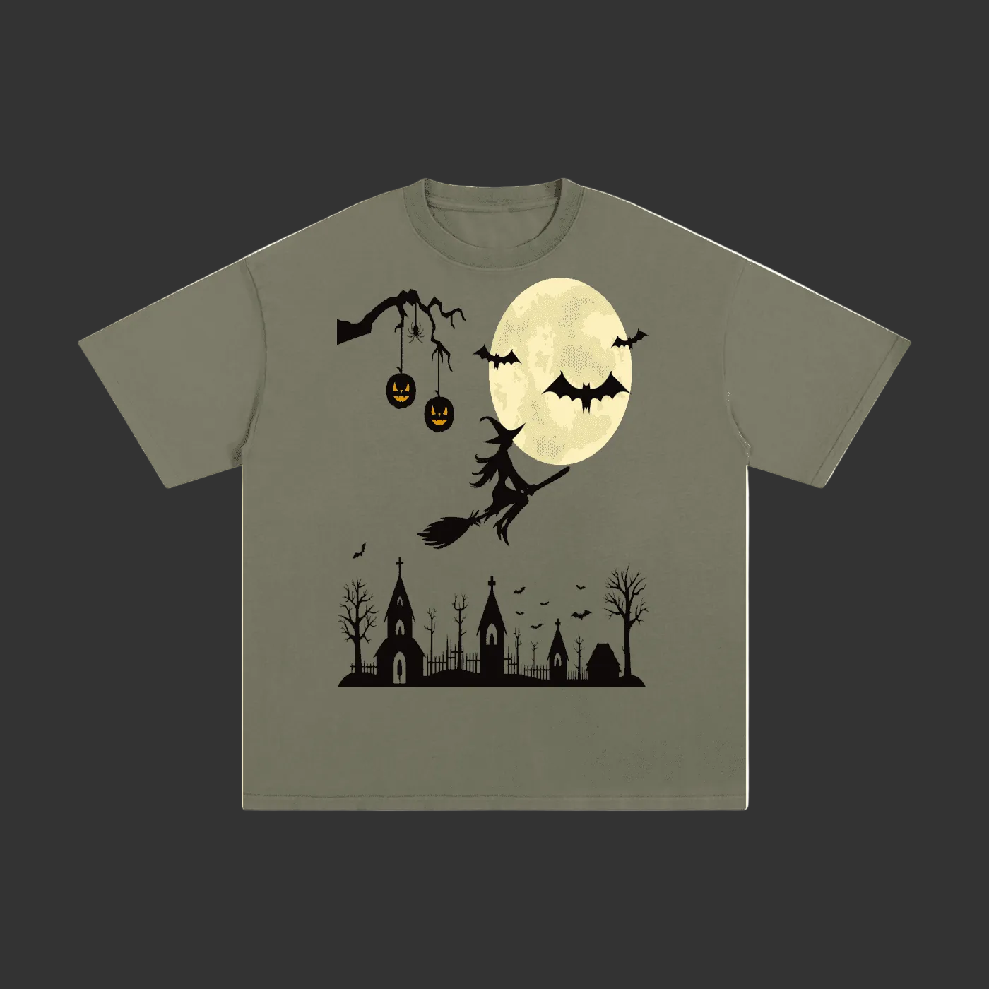 Olive green Halloween T-shirt featuring a spooky full moon, flying bats, hanging jack-o’-lanterns, a black cat, and a haunted church and cemetery scene