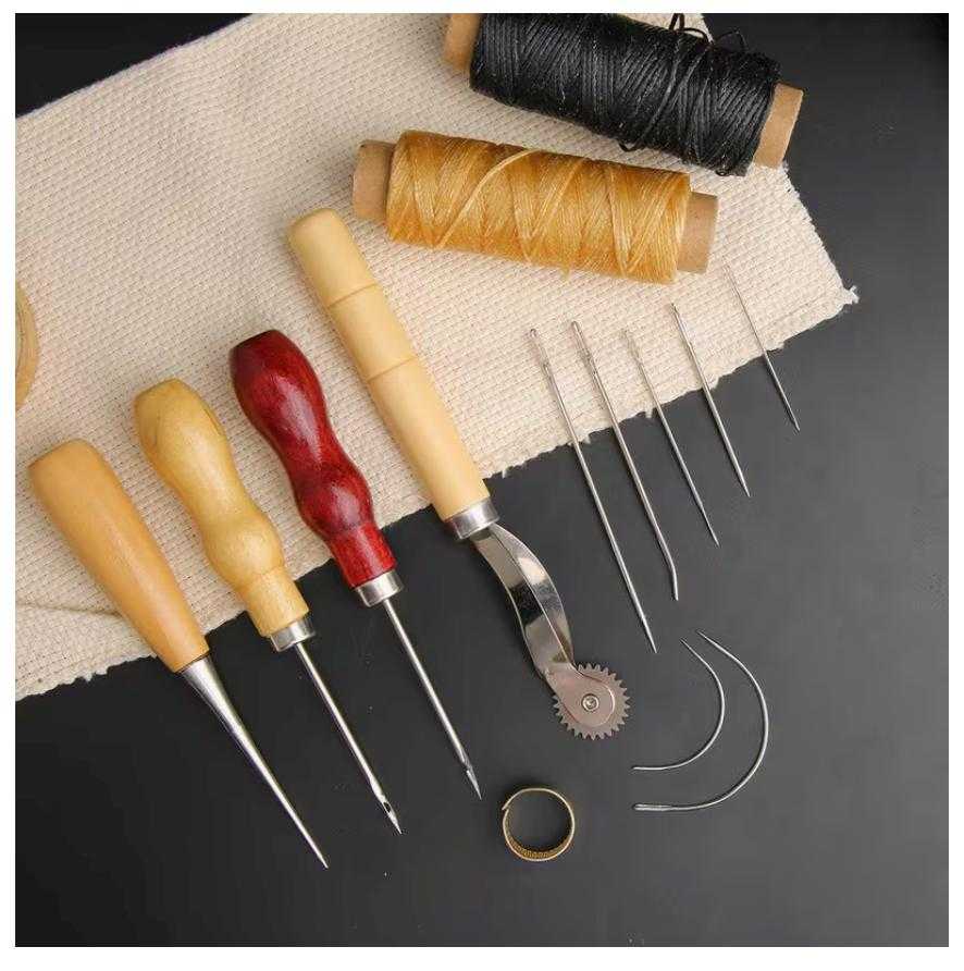 Leather stitching repair kit featuring sewing awls, hand needles, waxed thread, and leather crafting accessories