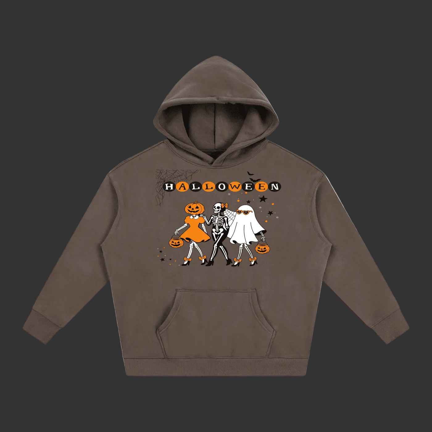 Dark brown hoodie with a logo on the chest against a gray background