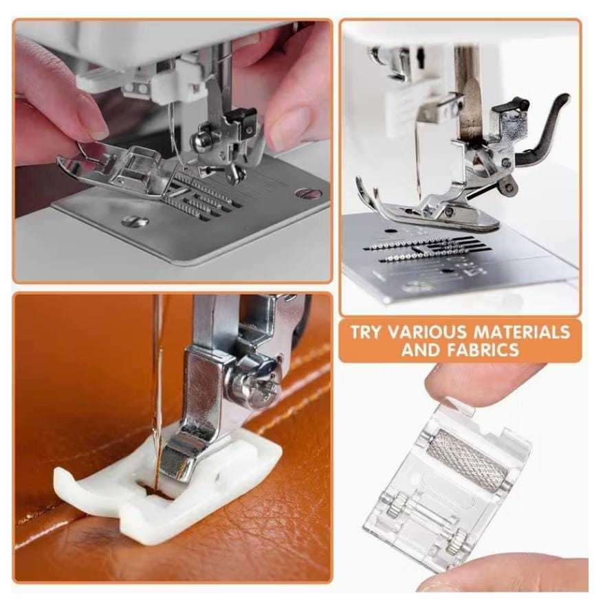 Low shank snap-on presser feet installed on sewing machines for quilting, hemming, and fabric sewing projects