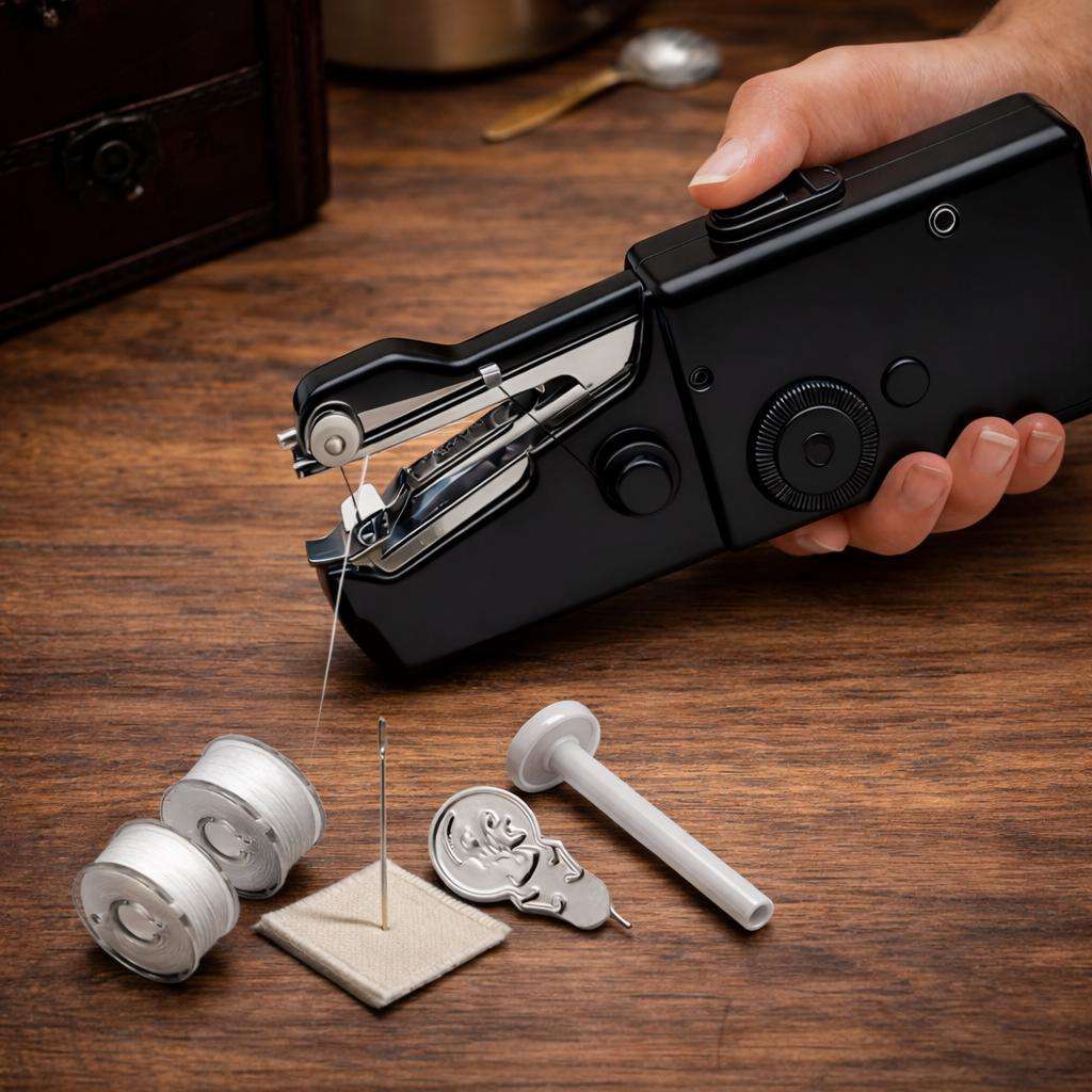 Handheld sewing machine for quick fabric repairs with sewing accessories on wooden table
