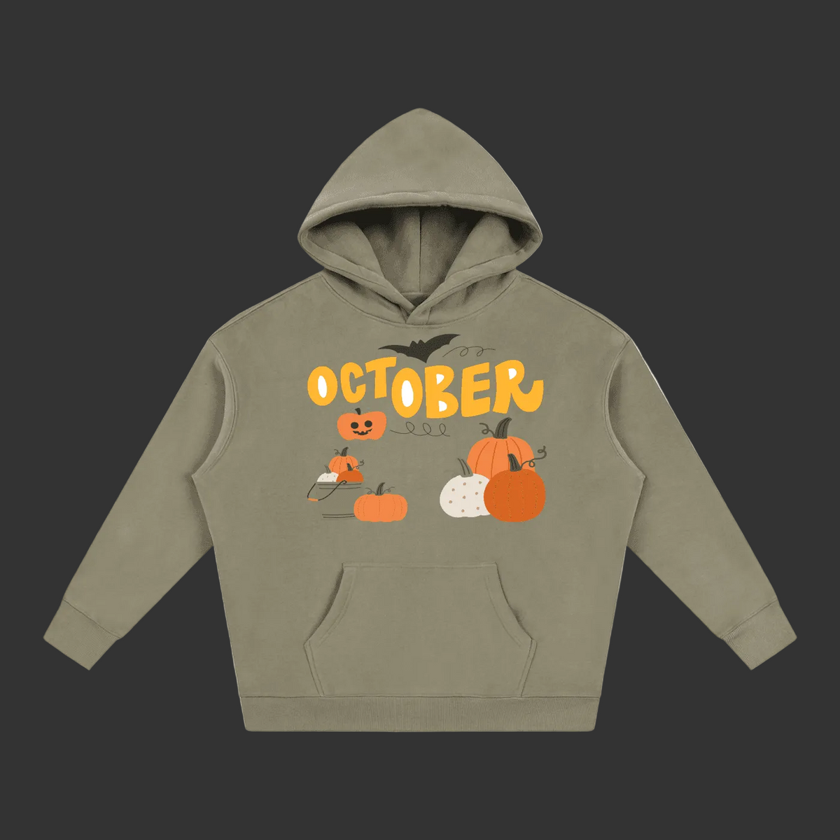 An olive green unisex pullover hoodie with a Halloween-themed graphic on the front. The graphic features the word 'OCTOBER' in yellow, orange pumpkins, a jack-o'-lantern, a spider on a web, and a bat flying above.