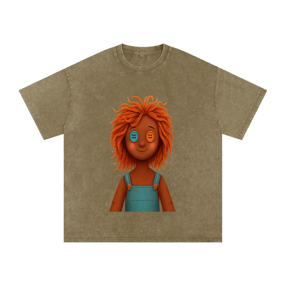 A short-sleeve crewneck t-shirt in a washed, muted khaki-brown color, featuring a graphic print of a cartoon doll with bright orange hair, one blue button for an eye, and a turquoise blue overalls outfit, shown on a plain gray background.