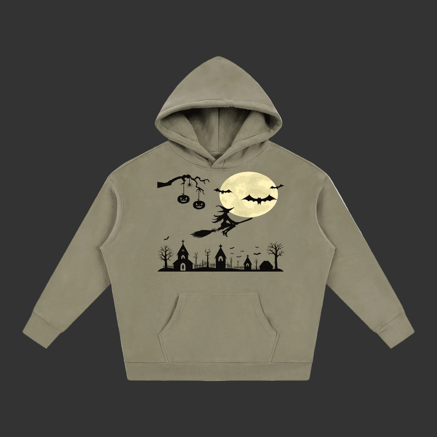 A gray pullover hoodie featuring a black and cream-colored Halloween graphic on the front, including a witch on a broomstick, bats, a full moon, pumpkins, and a spooky town silhouette.