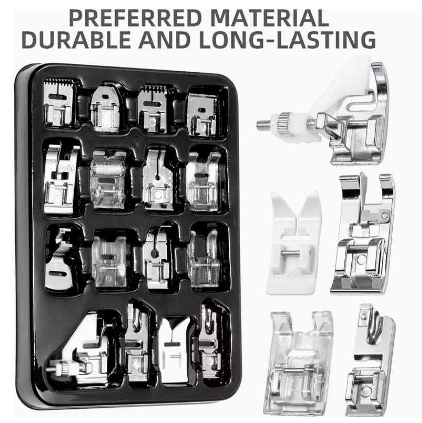 Durable low shank snap-on presser foot set with storage case and assorted sewing machine accessories