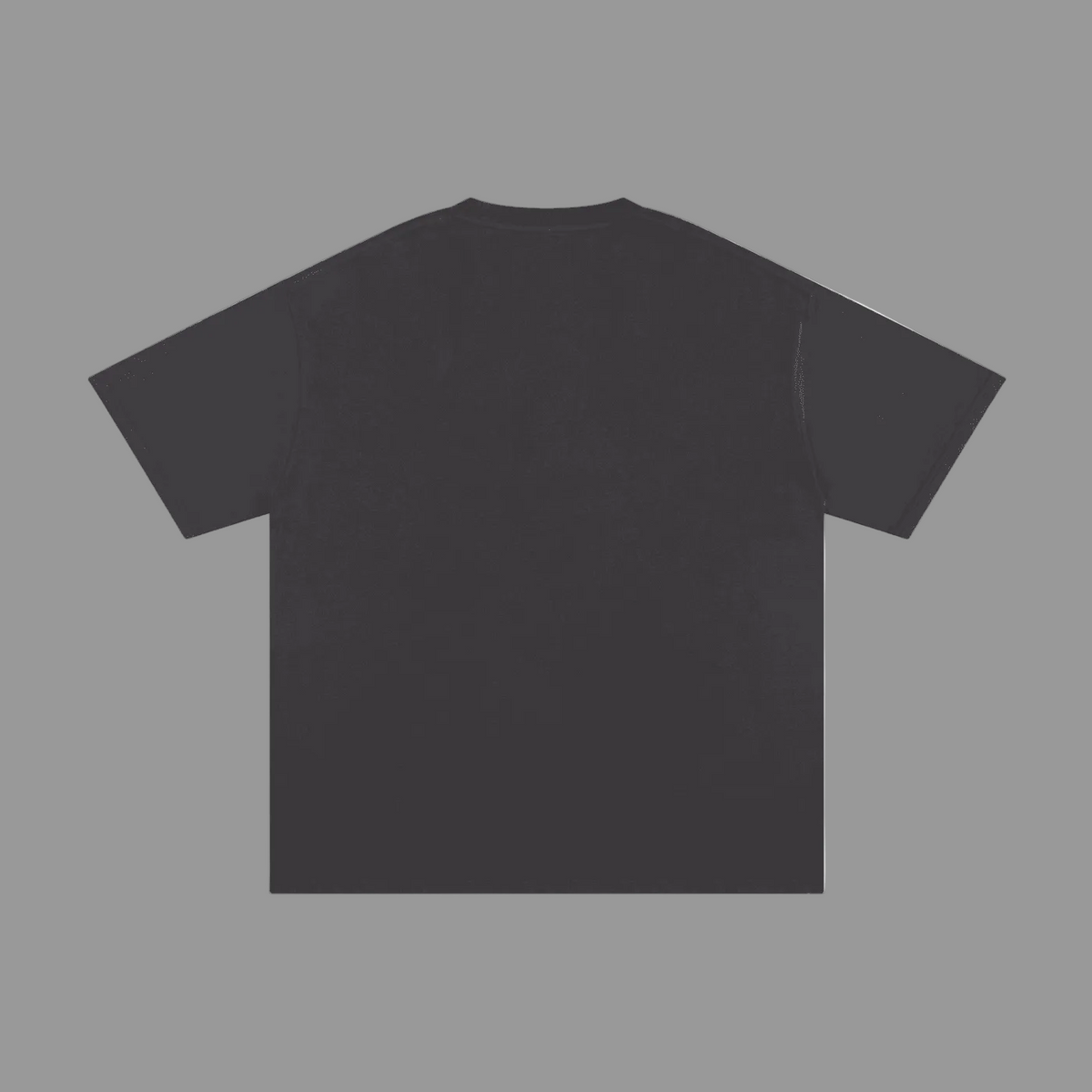 A dark charcoal gray short-sleeve t-shirt shown from the back, laid flat against a solid gray background.