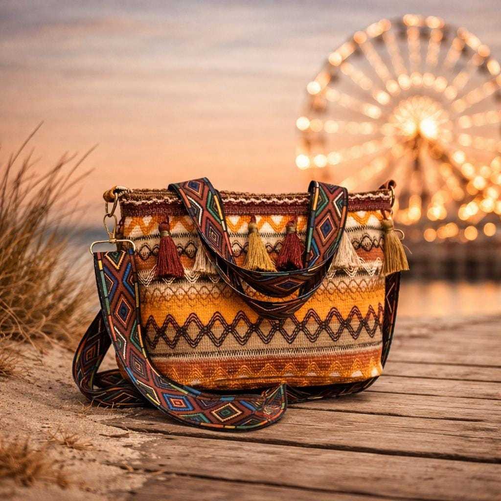 Woven boho tote bag with tassels and adjustable strap at sunset