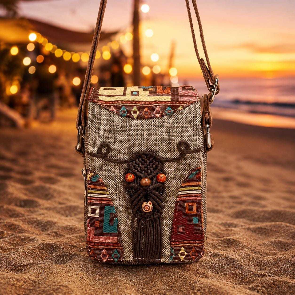Boho woven crossbody bag with multi-compartments and decorative beads
