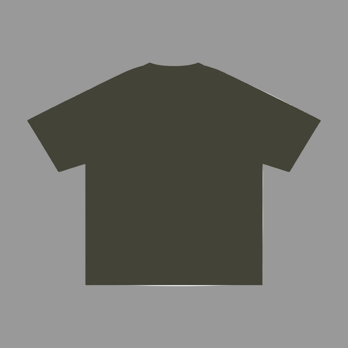 An olive green short-sleeve t-shirt shown from the back, presented as a flat lay on a solid grey background.
