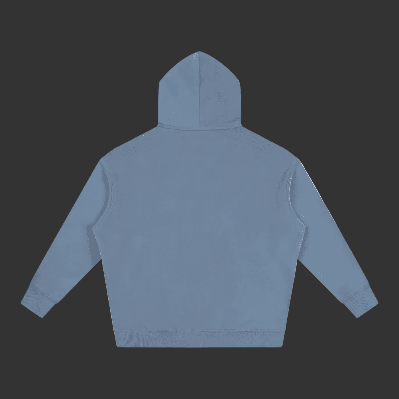 A jean blue hoodie shown from the back, featuring a hood, long sleeves, and ribbed cuffs and hem, displayed on a solid gray background.