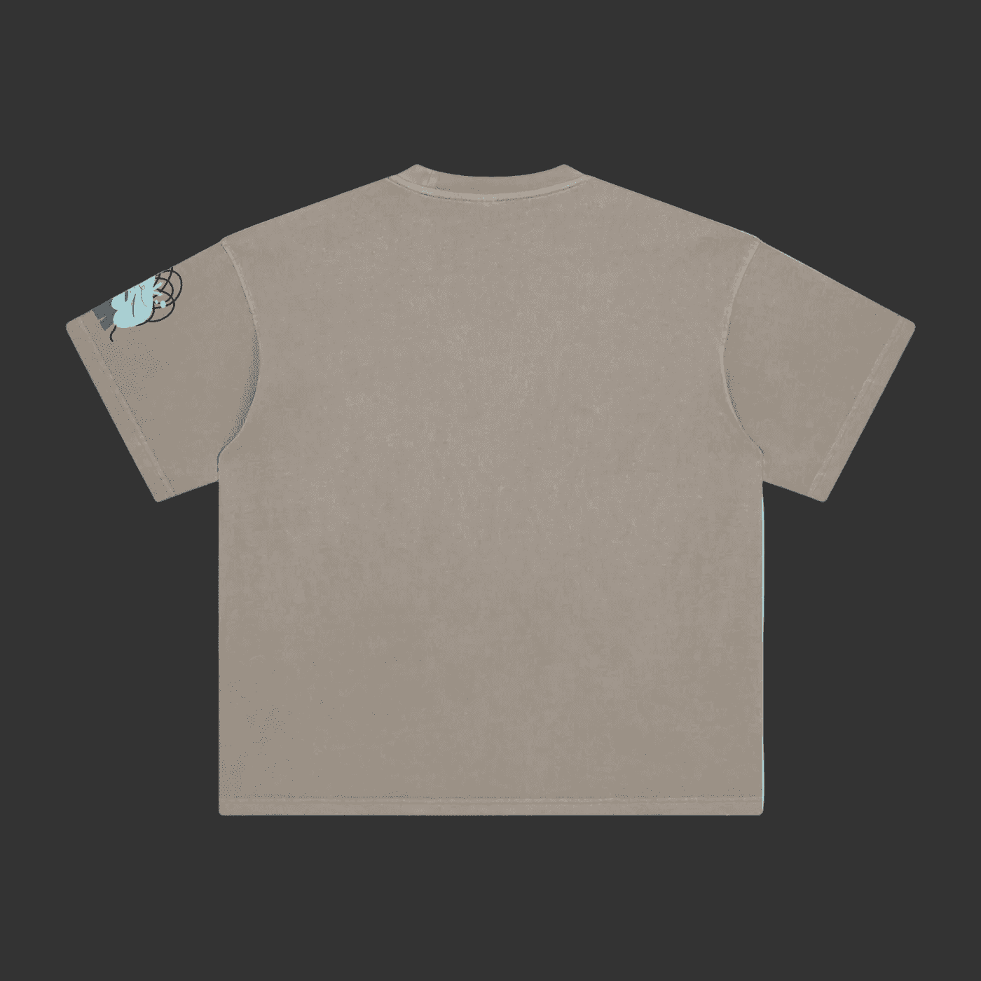 A light taupe gray short-sleeve t-shirt shown from the back, featuring a small graphic of a blue and black cartoon character on the left sleeve, set against a plain gray background.