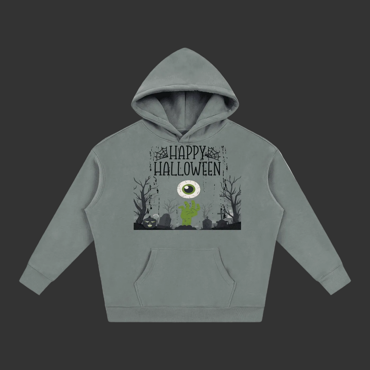 A gray pullover hoodie with a 'Happy Halloween' graphic on the chest, featuring a green zombie hand, a large eye, and spooky silhouettes, shown on a plain grey background.
