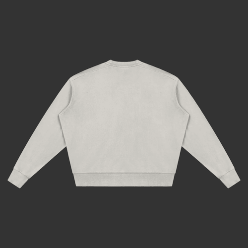 A light gray crewneck sweatshirt shown from the back, laid flat against a dark gray background.
