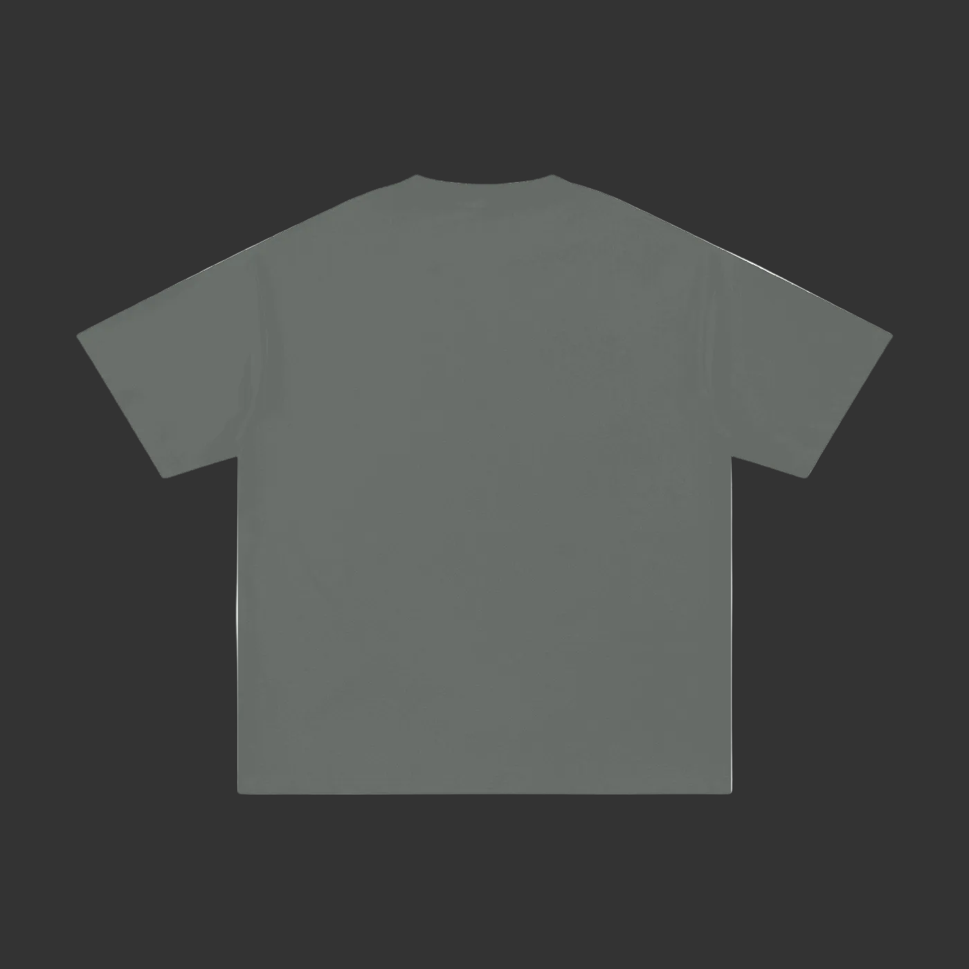 A flat-lay view of a short-sleeve crewneck t-shirt in a solid dark gray color, shown against a plain gray background.