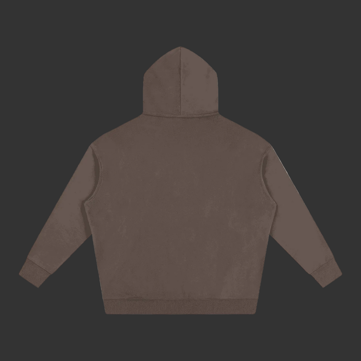 A dark brown hoodie shown from the back. The hoodie has a hood, long sleeves, and a ribbed hem and cuffs, presented on a solid gray background.