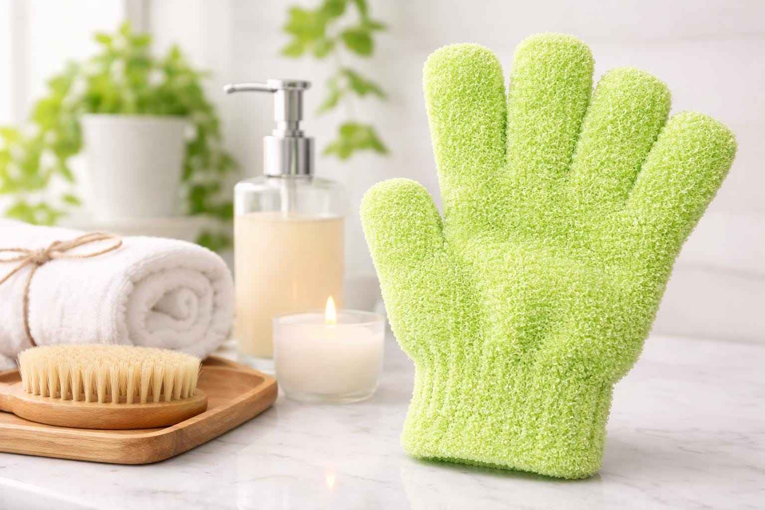 Green exfoliating shower glove for gentle body scrubbing and skin exfoliation with spa accessories in bathroom setting