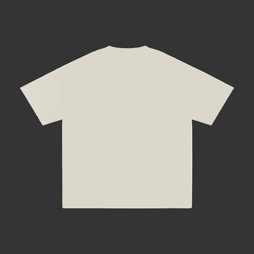 A plain short-sleeve crewneck t-shirt in a light cream or off-white color, shown from the back on a solid gray background