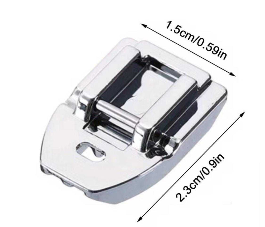 Low shank invisible zipper presser foot with dimensions shown for sewing machine compatibility and easy installation
