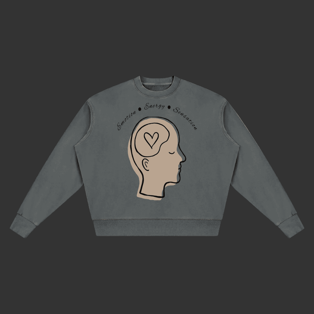 A dark gray long-sleeve crewneck sweatshirt featuring a graphic of a beige human head profile with a heart inside, and the words 'Sensation • Energy • Simulation' printed above it.
