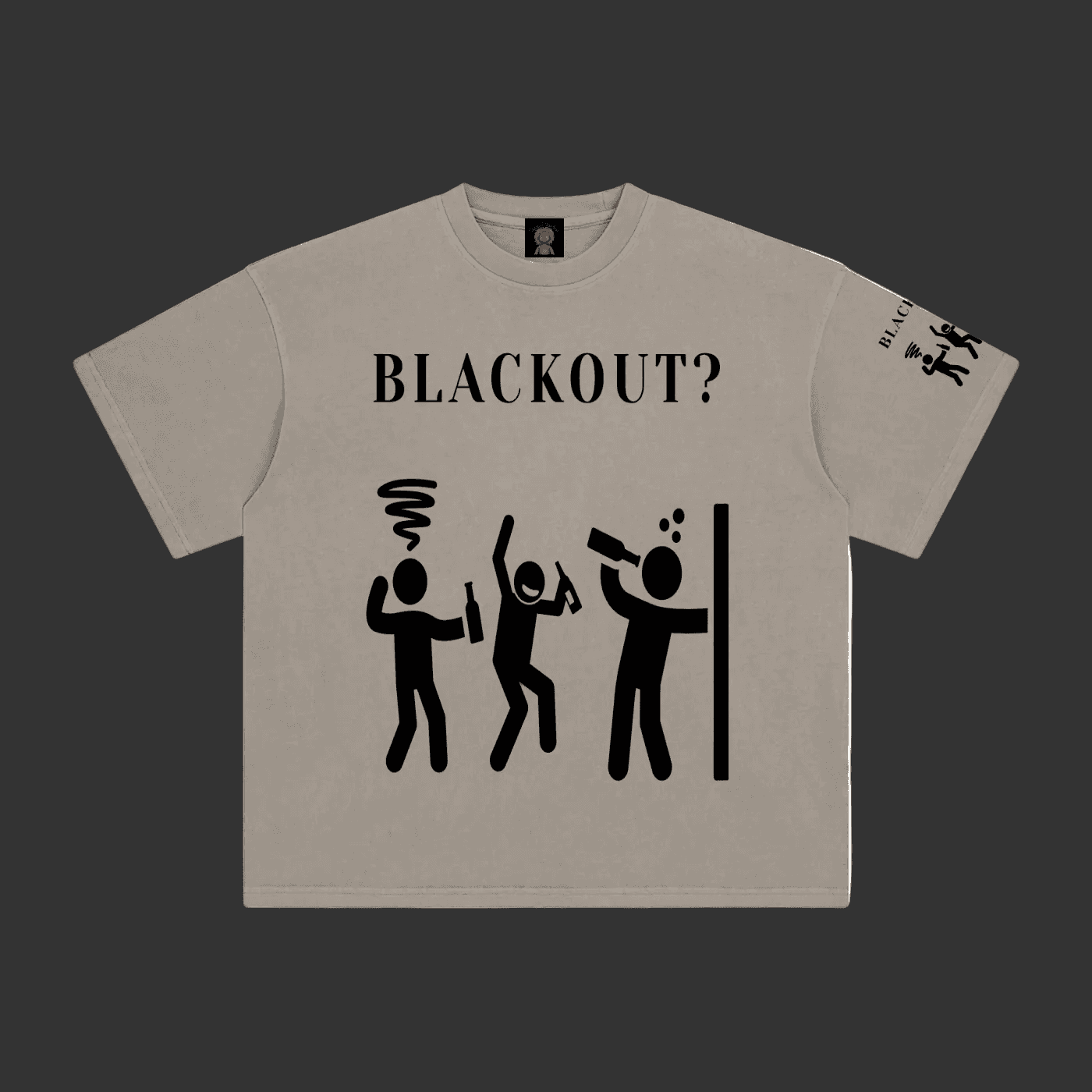 A light gray crewneck t-shirt with a black graphic print on the front reading 'BLACKOUT?' above three stick figures, with a matching sleeve print, shown on a plain gray background.