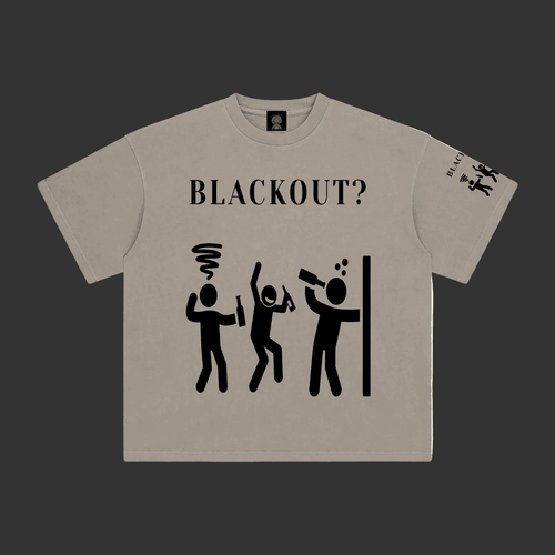 A light gray crewneck t-shirt with a black graphic print on the front reading 'BLACKOUT?' above three stick figures, with a matching sleeve print, shown on a plain gray background.