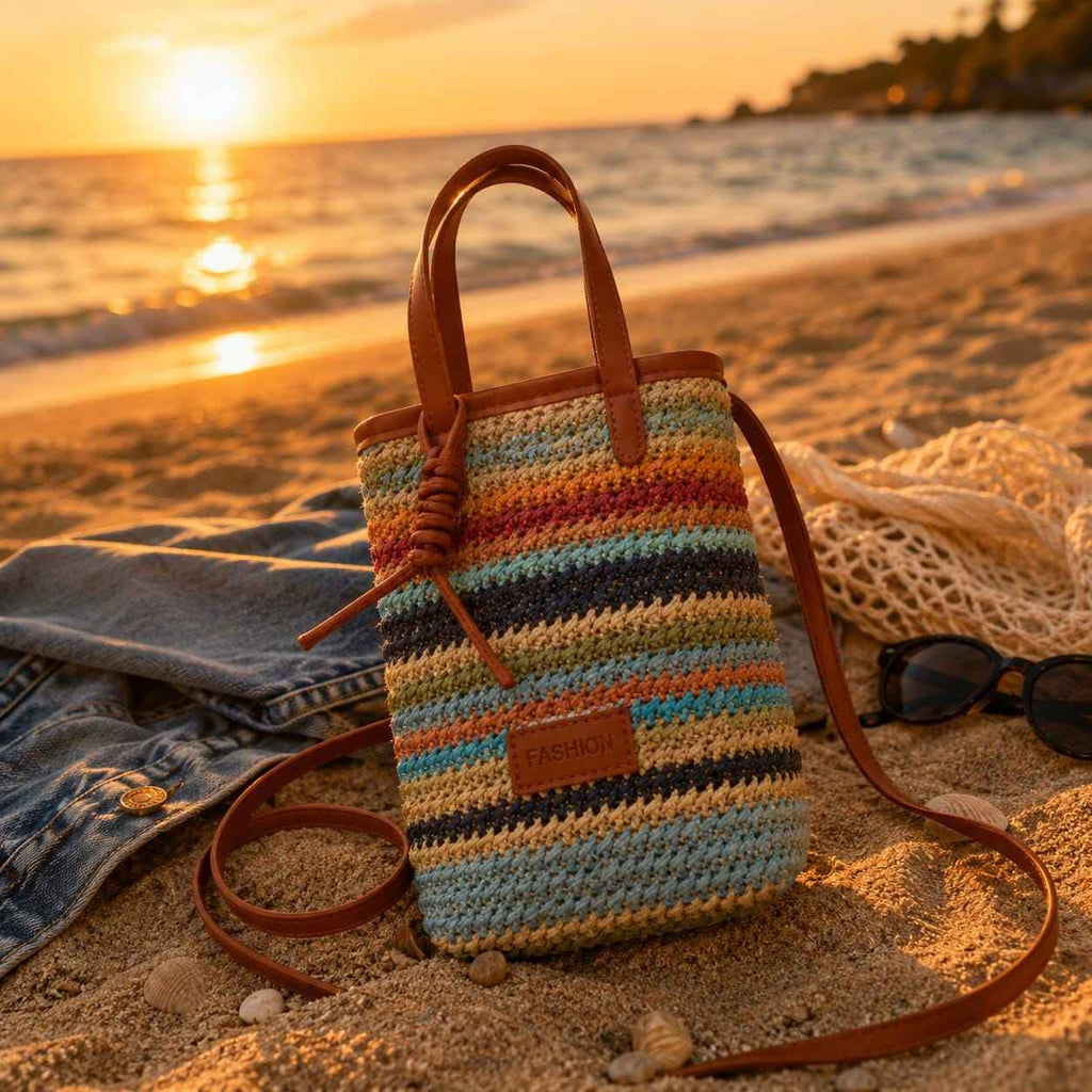 Rainbow striped woven crossbody bag at sunset on beach