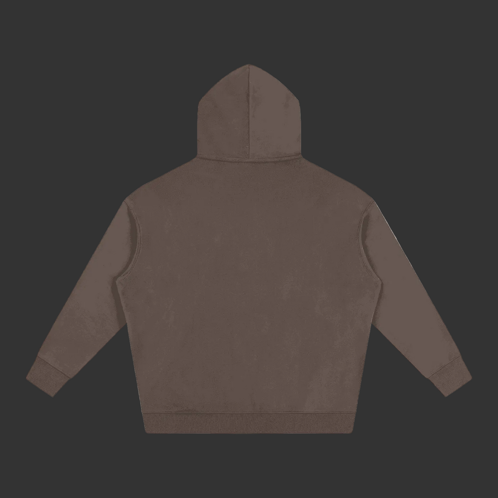 Back view of taupe hoodie with October pumpkin graphic, pumpkins, bat, and Halloween face, casual fall fashion