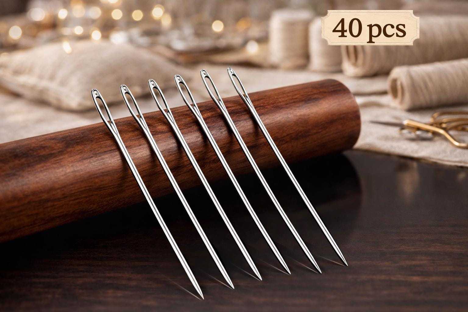 Large-eye hand sewing needles stored in a wooden needle case for easy threading and sewing projects