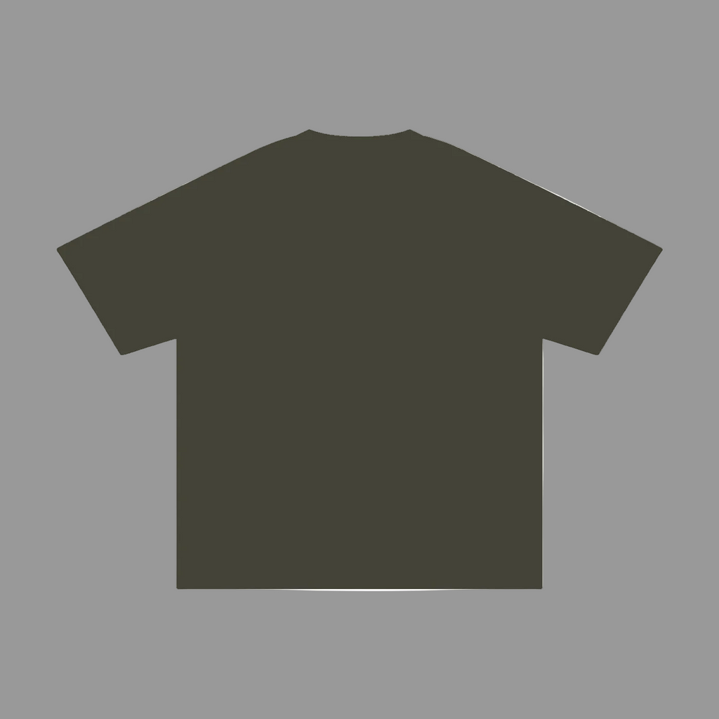 An olive green short-sleeve t-shirt shown from the back, presented as a flat lay on a solid gray background.