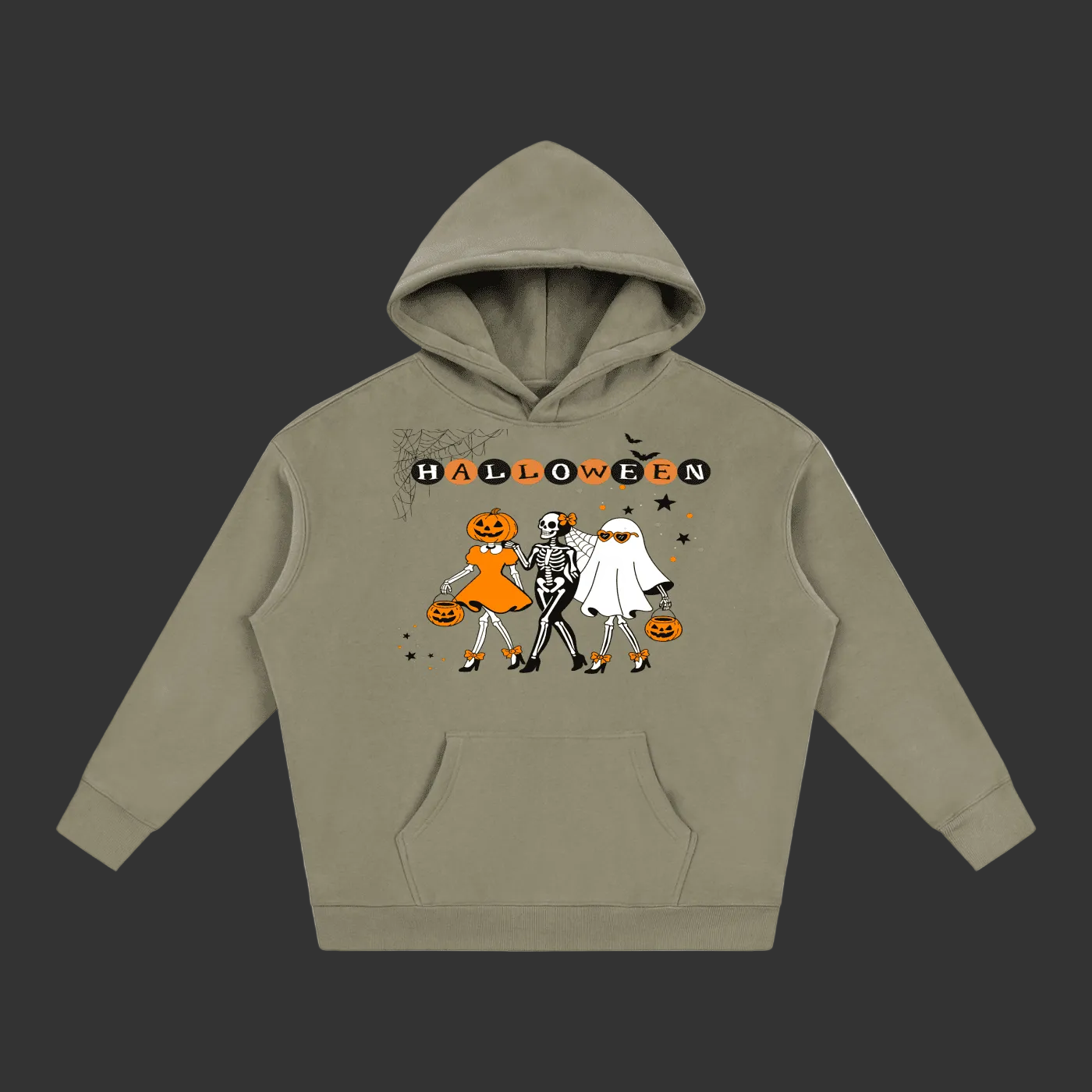 An olive green pullover hoodie featuring a Halloween-themed graphic print on the chest with cartoon characters, pumpkins, and the word 'HALLOWEEN'