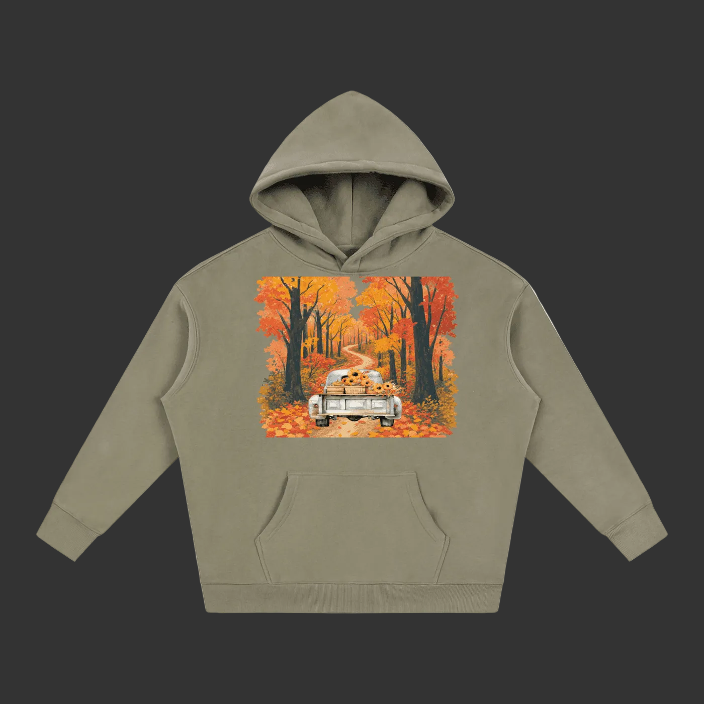 An olive green pullover hoodie with a front kangaroo pocket and a square graphic print on the chest showing a vintage car driving through an autumn forest with yellow dogs in the backseat, displayed on a solid gray background.