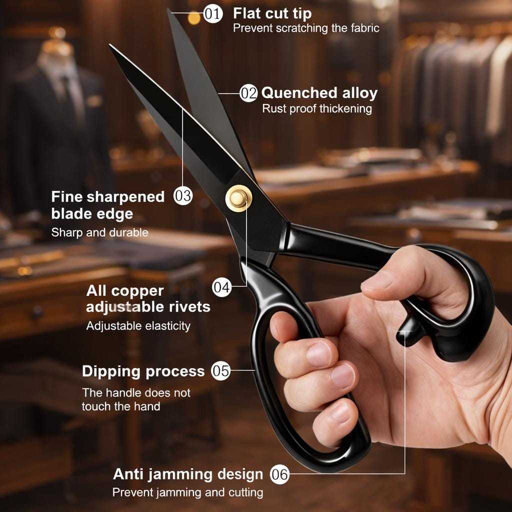 Close-up of premium tailoring scissors featuring sharp blades, ergonomic handles, and durable steel construction