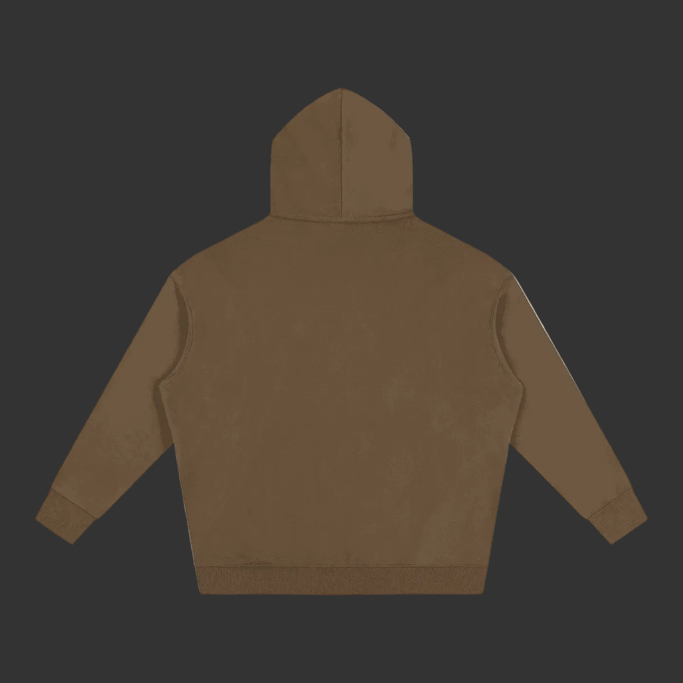 A plain brown hooded sweatshirt shown from the back, laid flat against a solid gray background.
