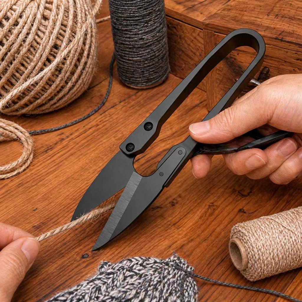U-shape embroidery scissors cutting thread on a crafting table with yarn and sewing supplies