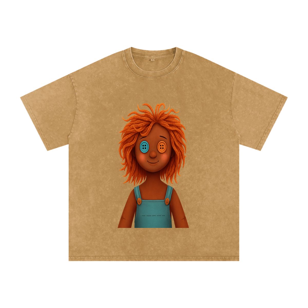 A tan short-sleeve t-shirt with a graphic of a smiling doll character with orange hair and mismatched blue and orange buttons on one eye, displayed on a solid white background.