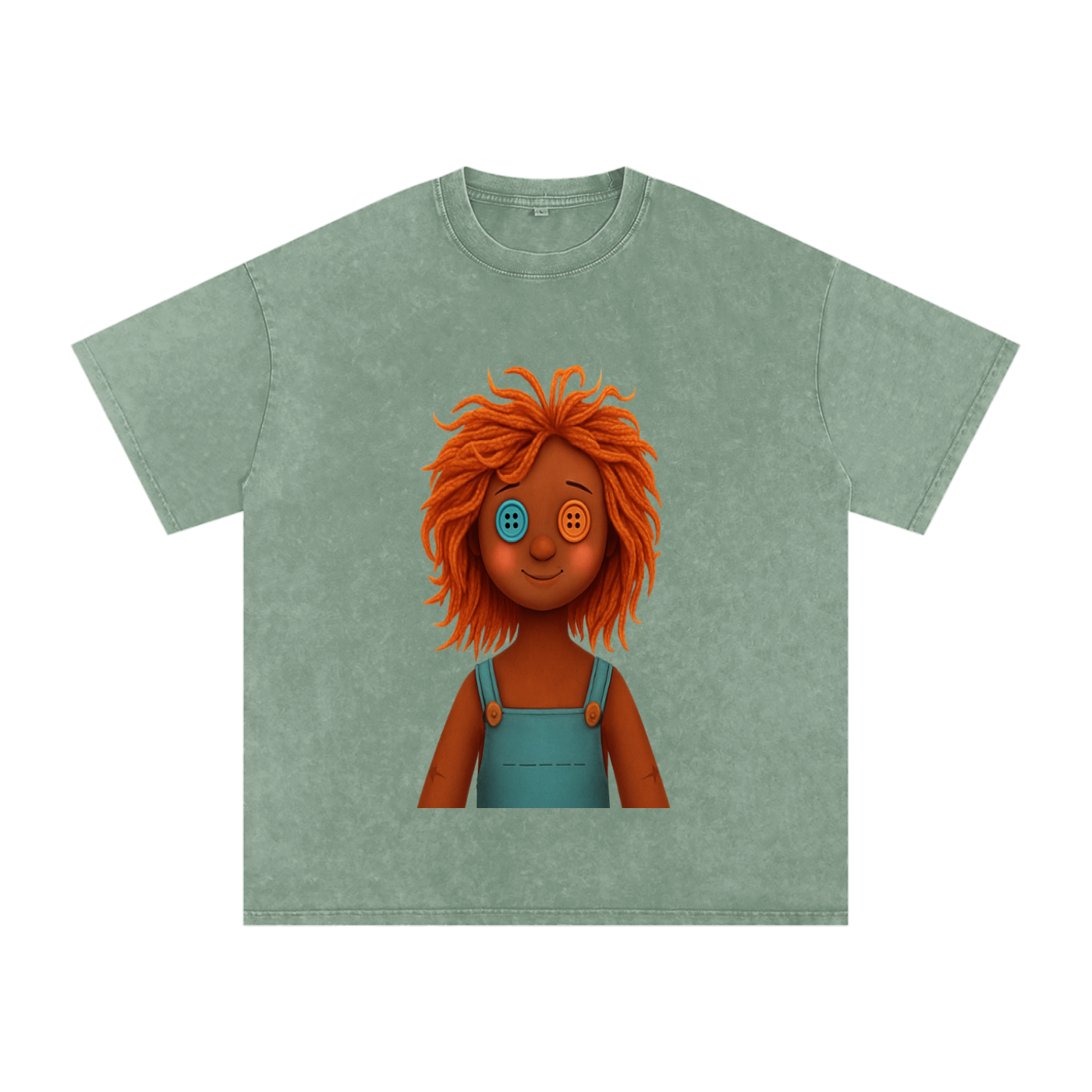 A bean green short-sleeve t-shirt with a graphic print of a doll character with messy orange hair, one blue button eye, and one orange button eye, wearing blue overalls.