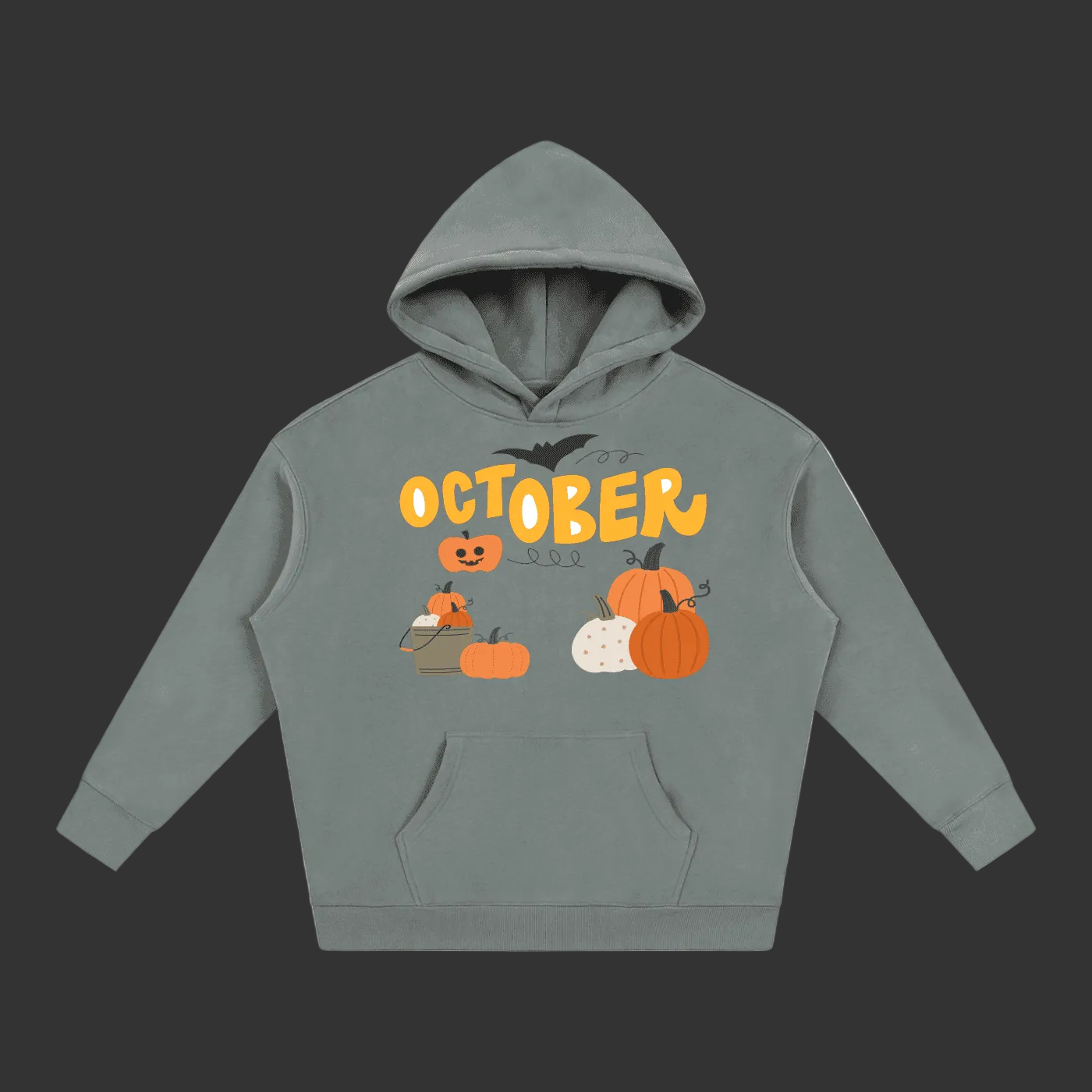 A slate gray pullover hoodie featuring a festive Halloween graphic on the front with the word 'OCTOBER' in yellow, pumpkins, a spider, and a bat.